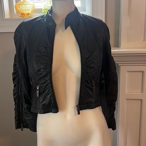 EUC bebe 3/4 ruched sleeve cropped real leather jacket. Xs